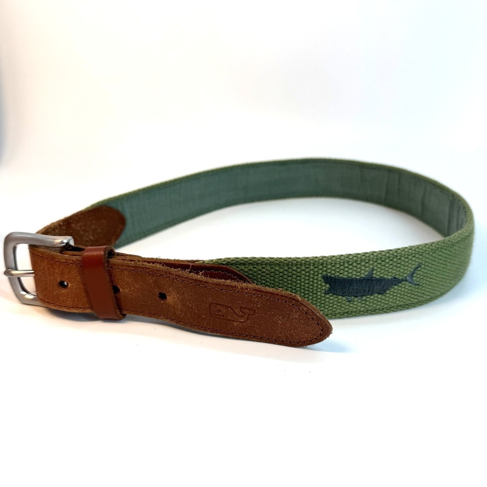 Vineyard Vines Men's 30 embroidered shark icon canvas‎ club belt Olive Preppy
